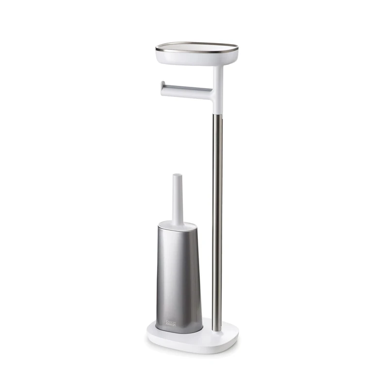 Joseph Joseph EasyStore Plus Standing Paper Holder with Flex Toilet Brush and Shelf, Bathroom Storage, BPA Free, Stainless Steel, 4