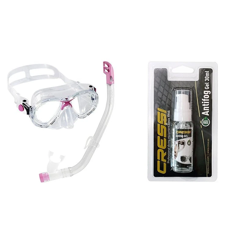 Cressi Kids' Marea Vip Jr Snorkel Set Clear/Pink with Anti Fog Gel for Diving Masks/Swim Goggles