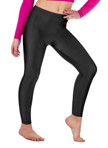 Re Tech UK - Girls' Shiny Stretchy Dance & Gymnastics Leggings – Footless - Elastic Lycra Sportswear for Kids - Great for Gymnastic Outfits - Many Colours to Choose (9-10 Years, Black)