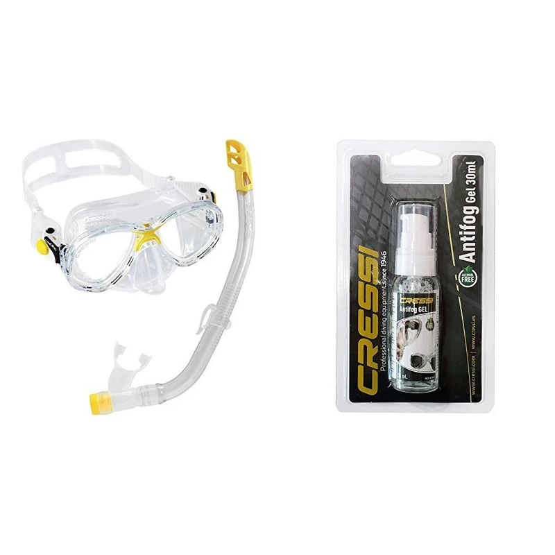 Cressi Kids' Marea Vip Jr Snorkel Set Clear/Yellow with Anti Fog Gel for Diving Masks/Swim Goggles