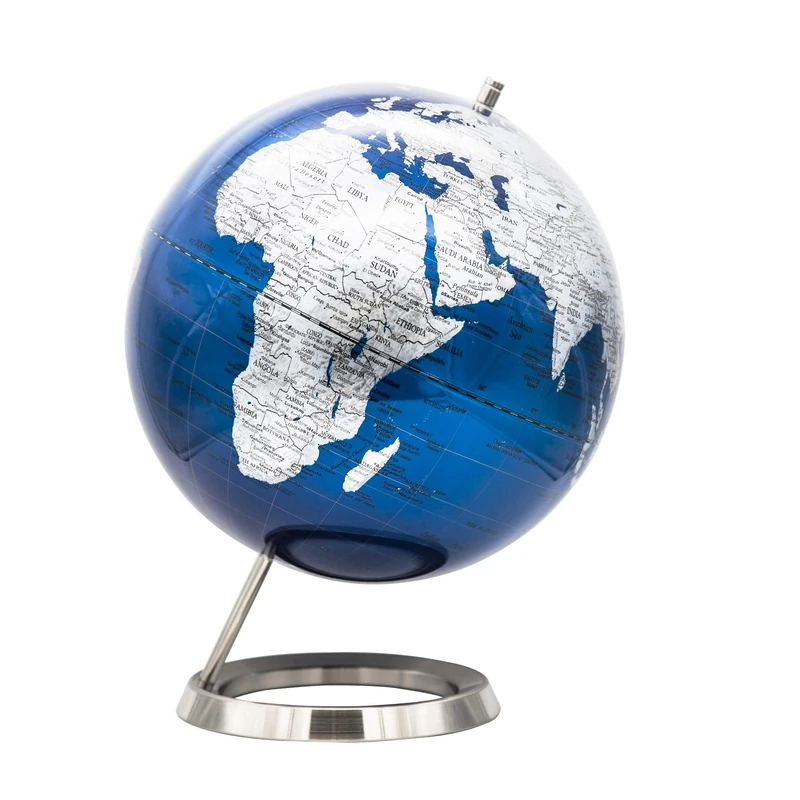 EXERZ 30CM World Globe, Metallic Blue with Stainless Steel Ring Base, Ideal for Gifting and Decoration