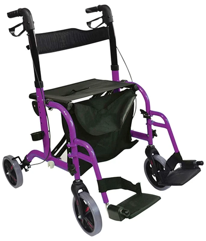 Aidapt Duo Deluxe Purple Folding Light Weight 4 Wheeled Rollator Transit Chair Mobility Aid with Seat, Foot Plates, Carry Bag, Lockable Brakes and Puncture Proof Tyres for Indoor and Outdoor use.