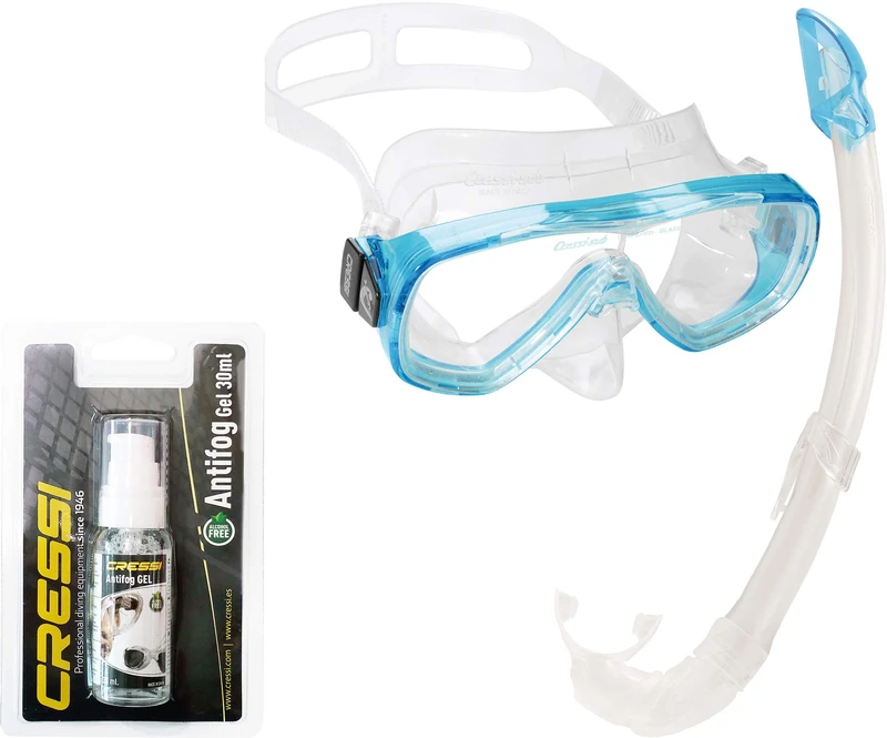 Cressi Onda Mare Snorkelling Combo Set, Clear/Aquamarine with Unisex Anti Fog for Diving Masks/Swim Goggles, Transparent, 30 ml