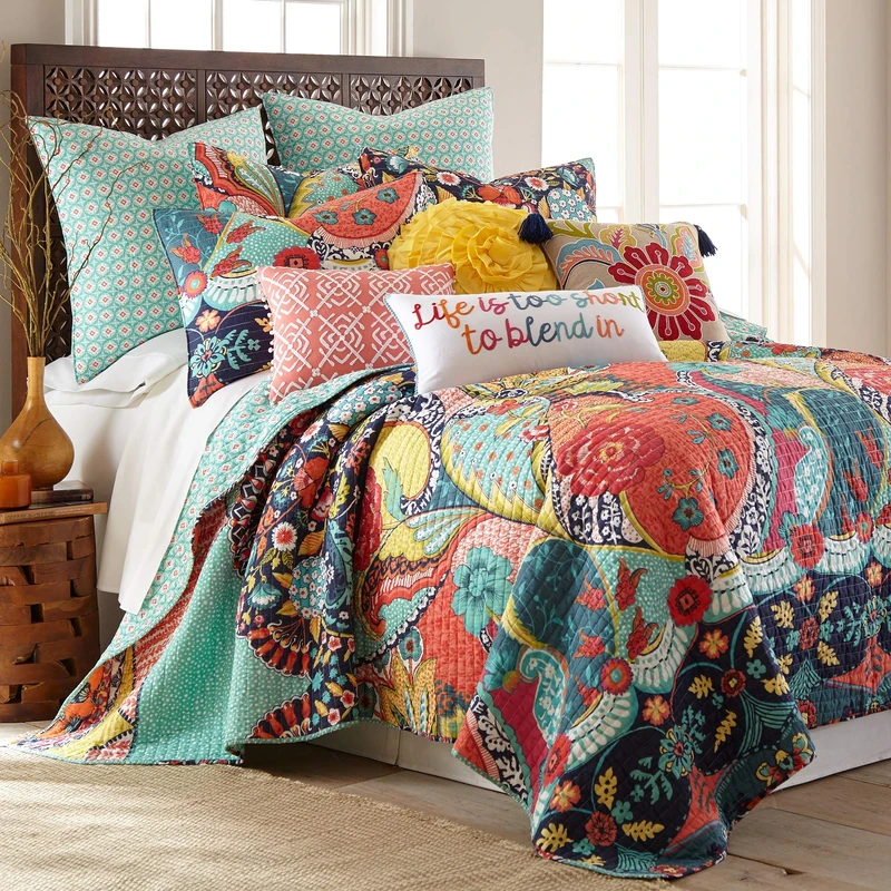 Levtex Home - Jules Quilt Set - Full/Queen Quilt (88x92in.) + Two Standard Pillow Shams (26x20in.) - Bohemian - Teal, Orange, Yellow, Green, Blue, Red, Black - Reversible - Cotton Fabric