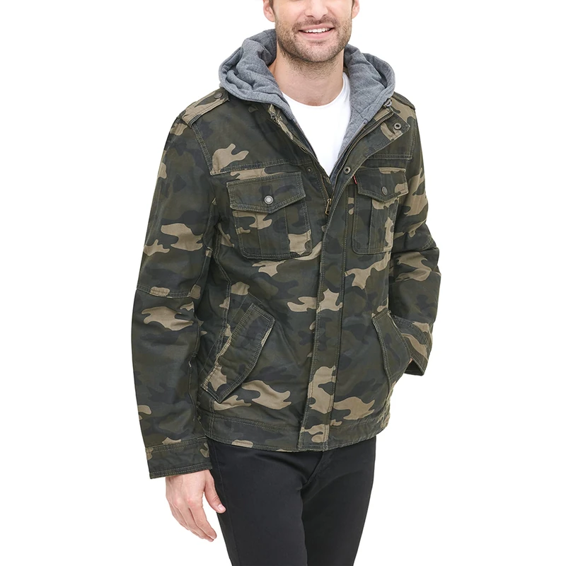 Levi's Men's Washed Cotton Hooded Military Jacket (Regular & Big & Tall Sizes), Camo/Sherpa Lined, XL