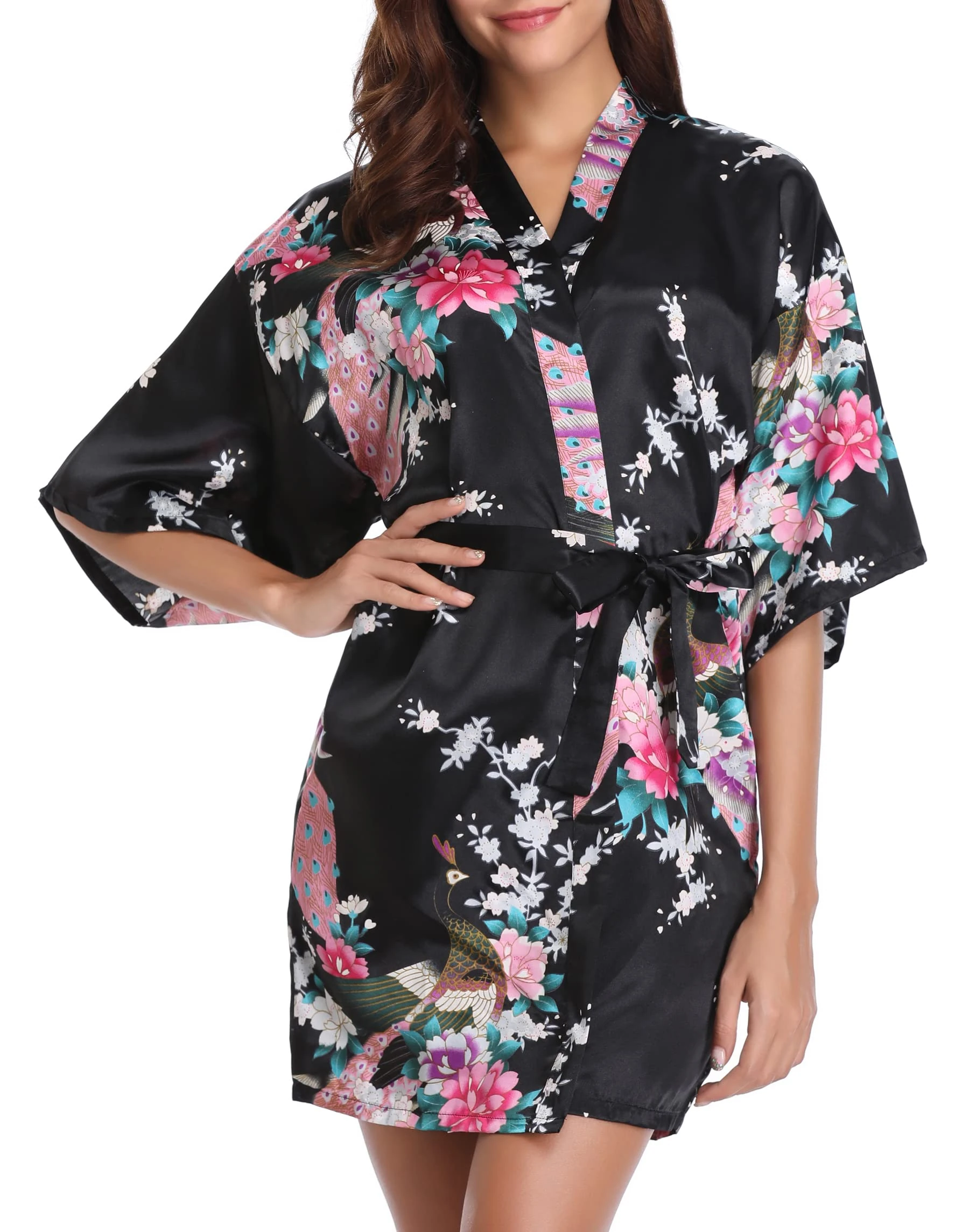 Vlazom Women Kimono Robes Satin Dressing Gown Peacock and Blossoms Sleep Lounge Nightwear Short Silk Bride Bridesmaid Robe, Black, S(UK 6)