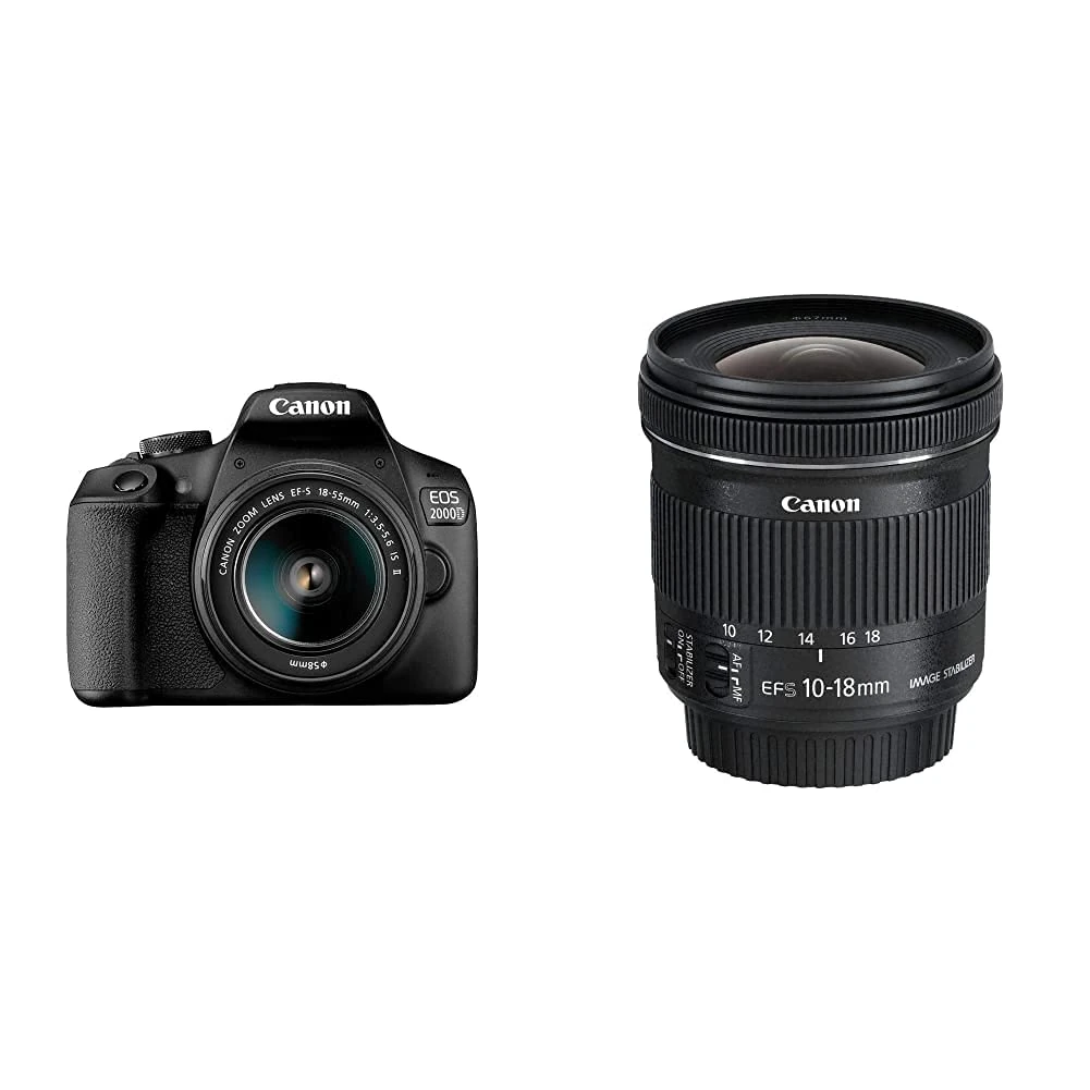 Canon EOS 2000D DSLR Camera and EF-S 18-55 mm f/3.5-5.6 IS II Lens, Black + Canon EF-S10-18mm f/4.5-5.6 IS STM Lens, Black