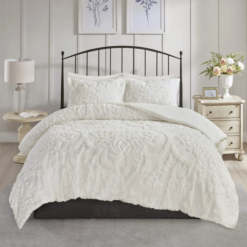Madison Park All Season Bedding Set, Matching Shams, Cotton, Viola, Damask White, King/Cal King(104"x92")