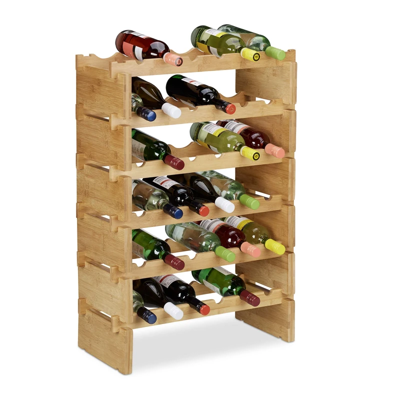 Relaxdays Stackable Wine Rack, Bamboo Holder for 36 Wine Bottles, Extendable, 6-Tier, Natural