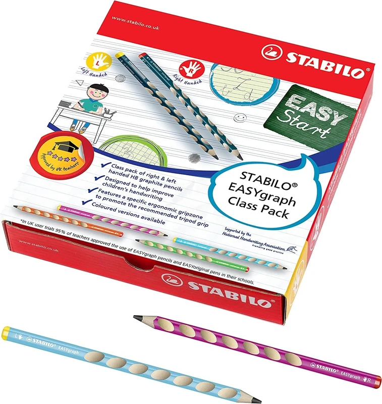 STABILO EASYgraph - Ergonomic Graphite Pencil - 8 x Left-Handed and 40 x Right-Handed - Classpack of 48 - Assorted Colours - Degree HB