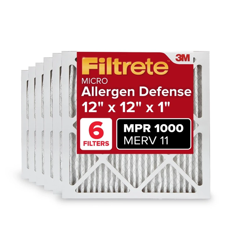 Filtrete 12x12x1 AC Furnace Air Filter, MERV 11, MPR 1000, Micro Allergen Defense, 3-Month Pleated 1-Inch Electrostatic Air Cleaning Filter, 6 Pack (Actual Size 11.81x11.81x0.81 in)