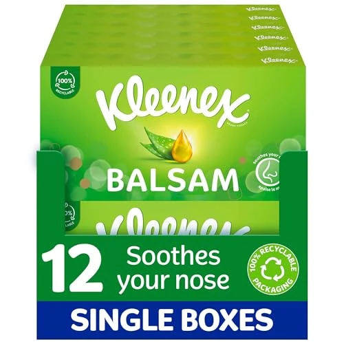 Kleenex® Balsam Facial Tissues - Pack of 12 Tissue Boxes - Balm Tissues Protect and Soothe Your Nose When You've Got a Cold - Balmcare® with Aloe Vera, Vitamin E and Calendula