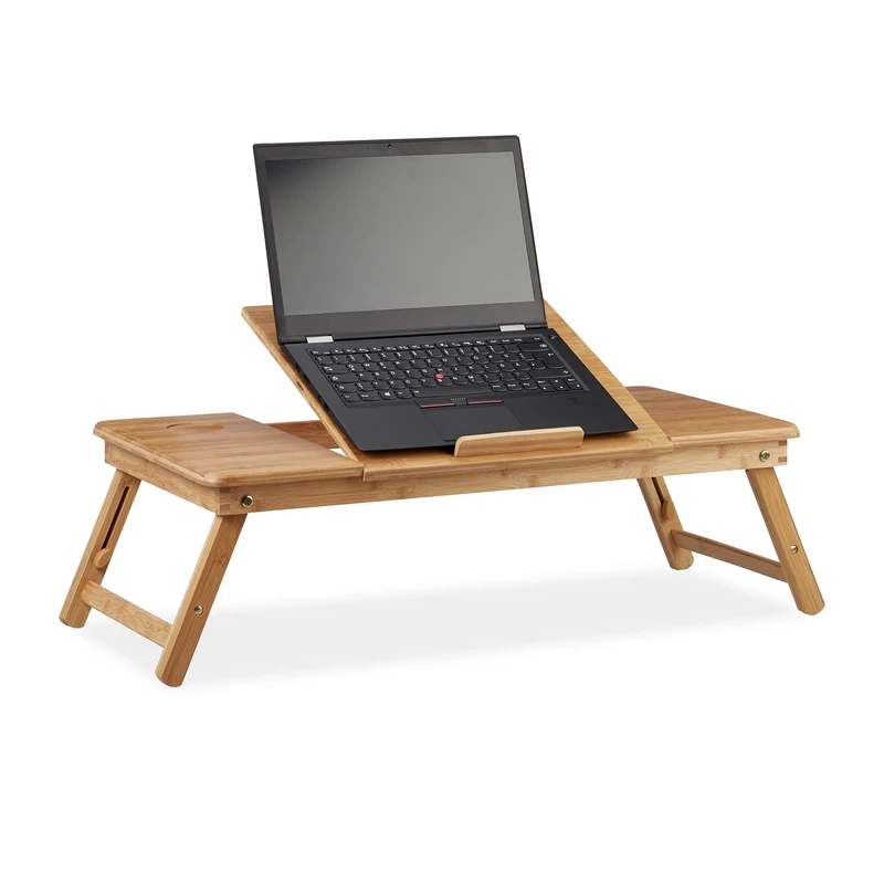 Relaxdays XL Bamboo Laptop Riser Stand, Ideal Ventilation, Height-Adjustable, 5 Angles, with Drawer, Natural, 49 x 90 x 35 cm