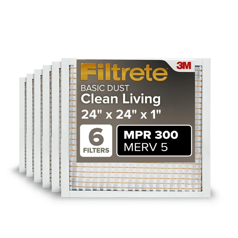 Filtrete 24x24x1 AC Furnace Air Filter, MERV 5, MPR 300, Capture Unwanted Particles, 3-Month Pleated 1-Inch Electrostatic Air Cleaning Filter, 6-Pack (Actual Size23.81x23.81x0.66 in)
