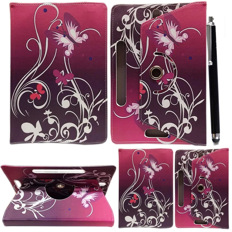10inch Tablet Case Cover - Universal Leather Stand Case Folio Cover Magic Leather 360° Rotating Case Fits to ALL 10" & 10.1" Inch Tablets + Stylus Pen (BUTTERFLY PURPLE)