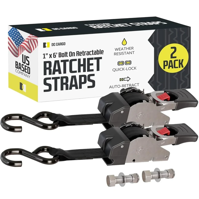 DC Cargo Bolt-on Auto Retractable Ratchets Straps Heavy Duty - Stainless - (2 Pack) 1 Inch x 6 Ft - Retractable Ratchet Tie Down Straps for Boats, Jet Skis, Motorcycles, ATVs - 600 lbs Break Strength