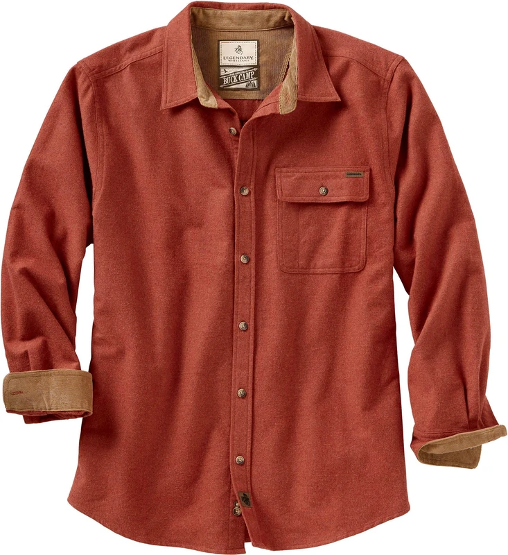 Legendary Whitetails Men's Buck Camp Flannel, Long Sleeve Plaid Button Down Casual Shirt, Corduroy Cuffs, Barnwood Heather, XL