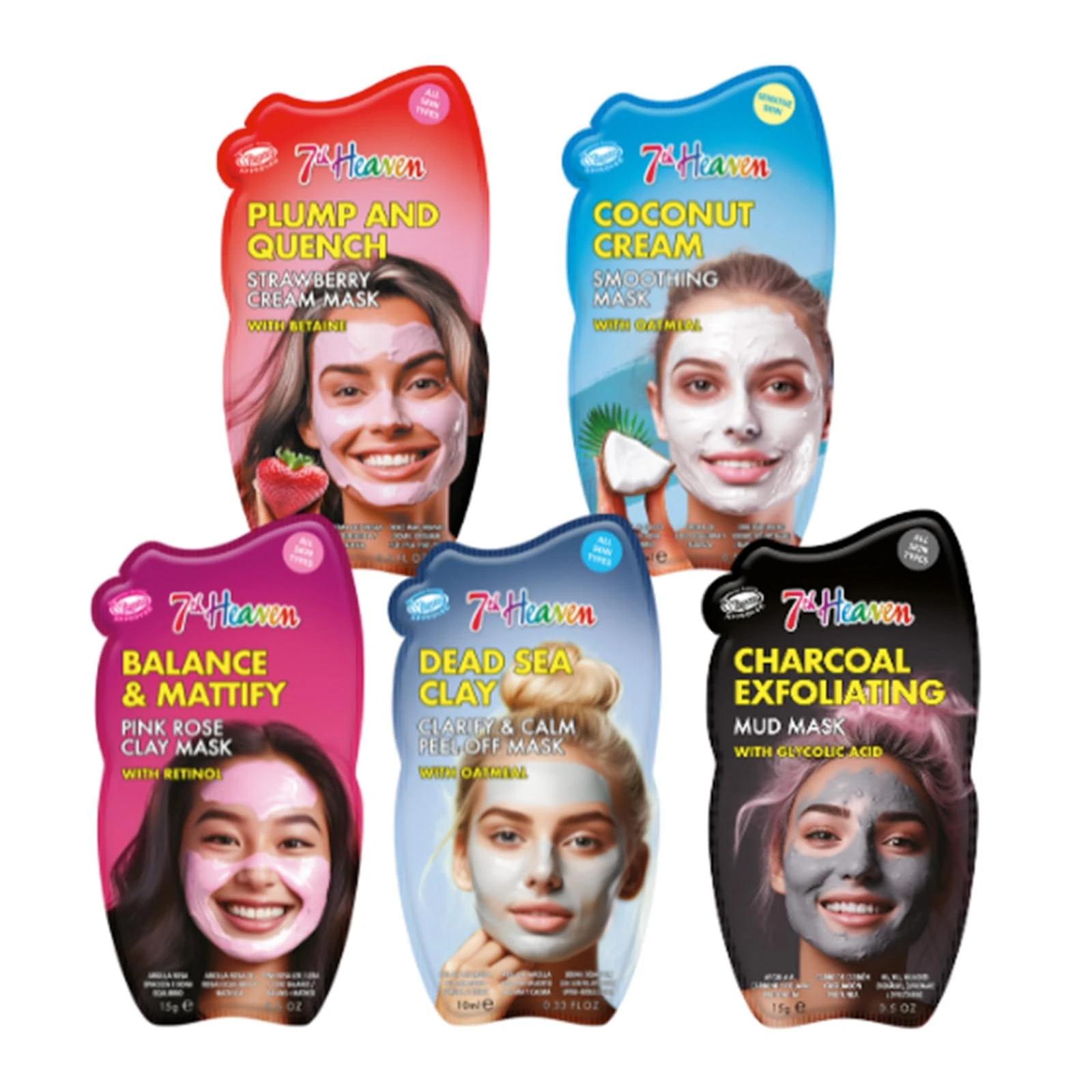 7th Heaven Hydrating Face Mask Pack with Dead Sea Clay, Strawberry Cream, Pink Rose, Charcoal Mud and Coconut Cream To Hydrate, Clean And Nourish Your Skin, 5 Count (Pack of 1)