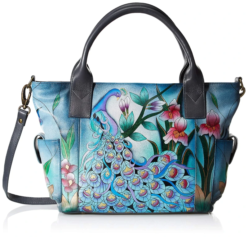 Anna by Anuschka Hand Painted Leather Women'S Large Tote with Side Pocket, Midnight Peacock Grey