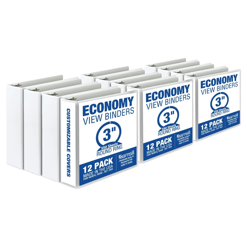 Samsill Economy 3 Inch 3 Ring Binder, Made in The USA, Round Ring Binder, Customizable Clear View Cover, White, 12 Pack (MP128587)