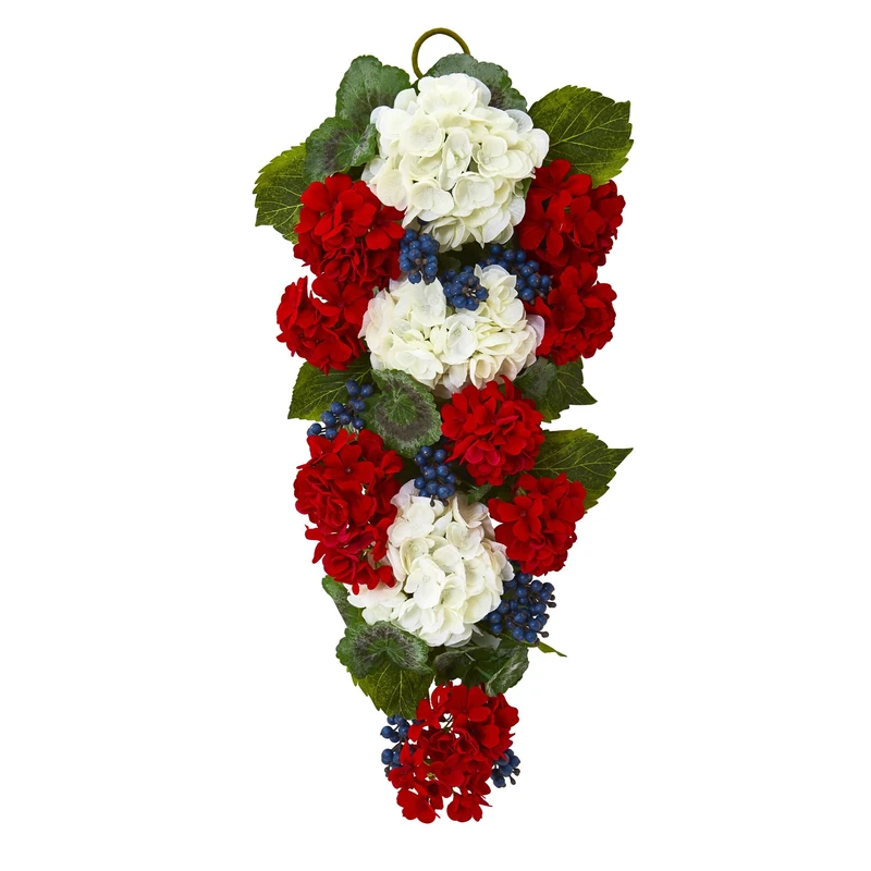 NearlyNatural 26 In. Geranium and Blue Berry Artificial Teardrop Wreaths Multi