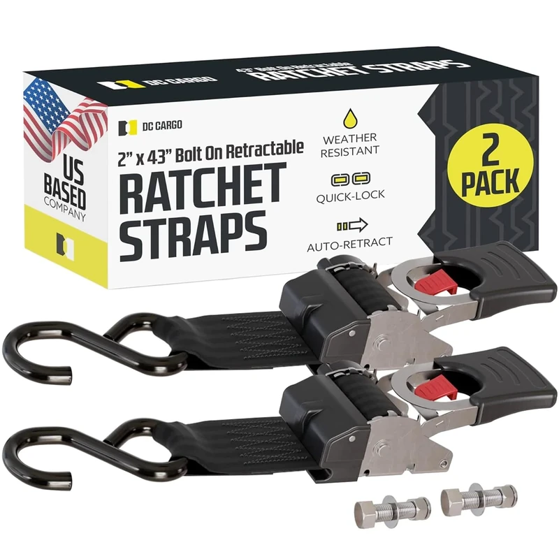 Quick n Easy AutoRetract Strap Transom Tie Downs | 2 Stainless Steel Retractable 2" x 43" Bolt-on Ratchet Cargo Straps w/S Hook for Boats, Docks, Trailers