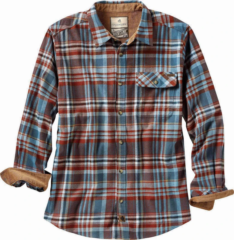 Legendary Whitetails Men's Buck Camp Flannel, Long Sleeve Plaid Button Down Casual Shirt, Corduroy Cuffs, Barnwood Slate Plaid, XL