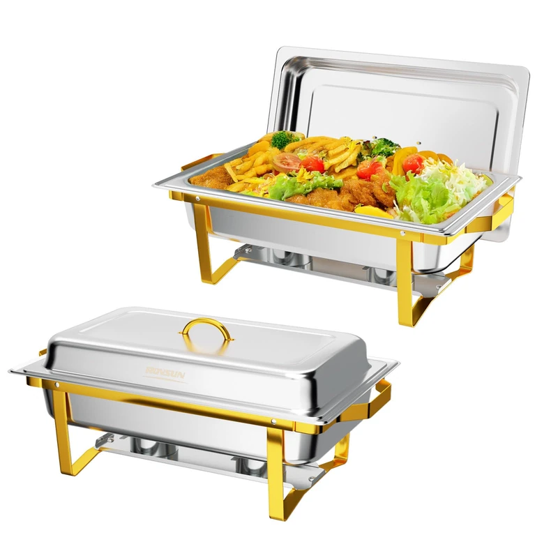 ROVSUN 8 Qt 2 Pack Full Size Stainless Steel Chafing Dishes Buffet Set, NSF Silver Rectangular Catering Chafer Warmer Set with Trays Pan Lid Folding Frame Stand for Kitchen Party Banquet Dining