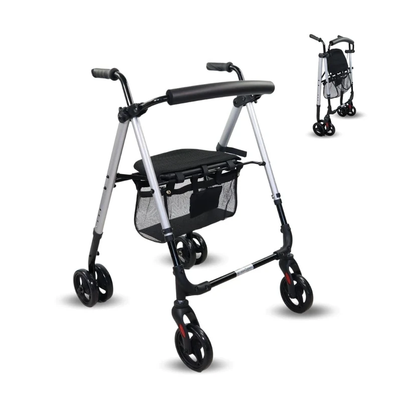 Mobiclinic®, Walker for Adults, Foldable, Lightweight, Seat and Basket XXL, Pole Holders, Height Adjustable, Aluminium, Spanish Brand, Press Brakes, Dehesa, Solid Wheels, Pearl Grey