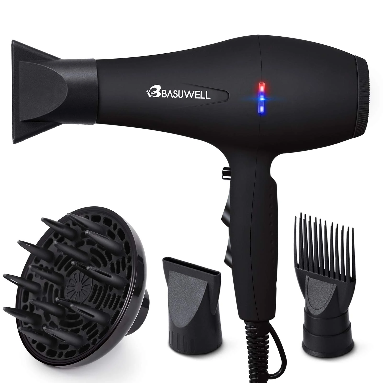 Basuwell Hair Dryer Ionic Professional HairDryer 2100W Salon Dryer 3 Heaters 2 Speed Settings Far Infrared Dryer Low Noise AC Motor with Hair Dryer Diffuser (Black)