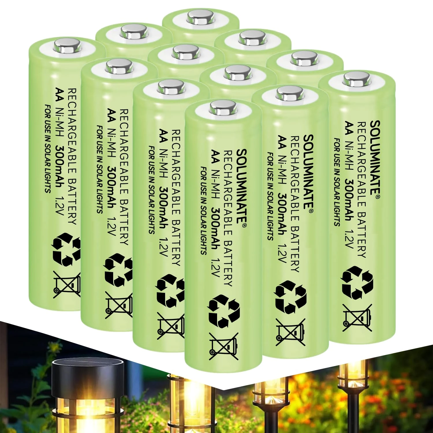 Soluminate Solar Light Batteries AA (300mAh) 1.2V Rechargeable NiMH for outdoor garden solar lights (12-Pack)