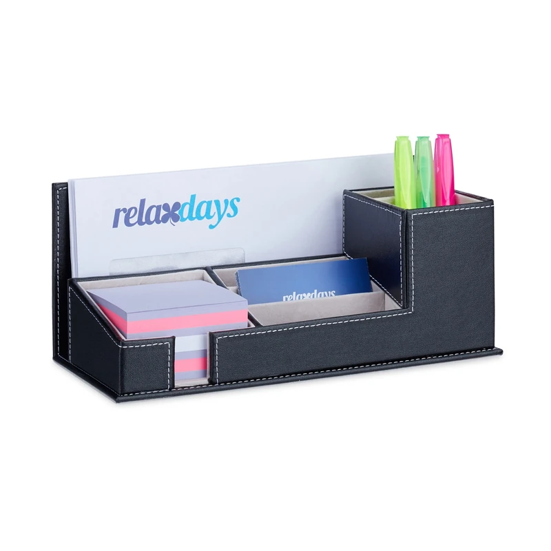 Relaxdays Faux Leather Desk Organiser, Velvet, 7 Compartments, Memo and Pen Holder, Black, HxWxD 11.5x25x12 cm