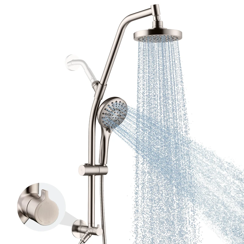Complete Shower Set - No Drilling Installation Dual Shower System Combo - Handheld Showerhead and Overhead Rain Shower - Brass Shower Column - Adjustable Slider (Brushed Nickel)