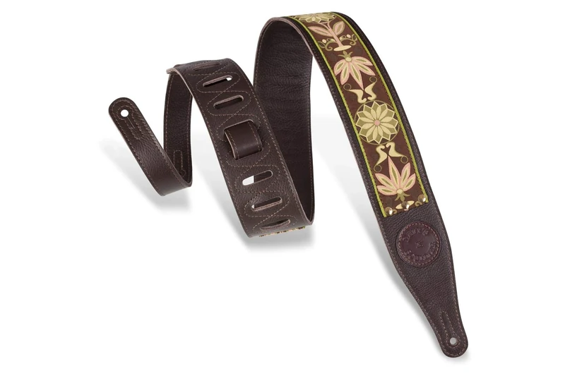 Leavy's Leathers 2.5" Garment Leather Guitar Strap With Souldier Design; Daisy Olive on Dark Brown (MG17SL-DBR)