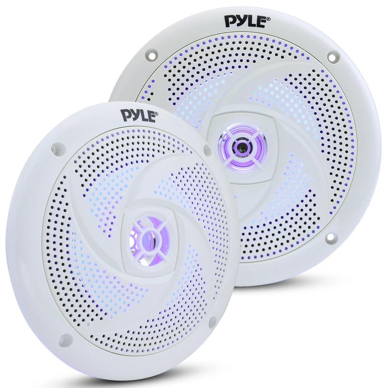 Low-Profile Waterproof Marine Speakers - 240W 6.5 Inch 2 Way 1 Pair Slim Style Waterproof Weather Resistant Outdoor Audio Stereo Sound System w/Blue Illuminating LED Lights - Pyle (White)