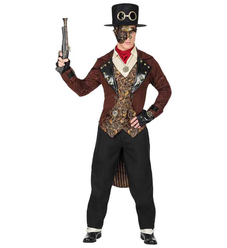 Widmann - Steampunk costume, tailcoat with shirt and vest, trousers, ascot, fingerless gloves, hat, theme party, carnival