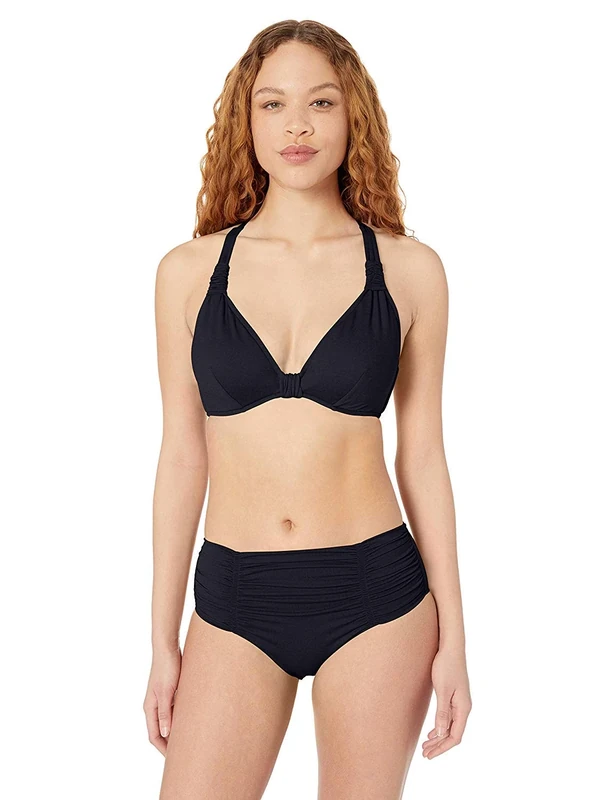 Seafolly Women's F Cup Halter Bikini Top Swimsuit, Shine on Black, 6F US
