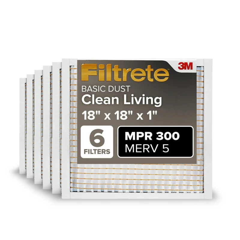 Filtrete 18x18x1 AC Furnace Air Filter, MERV 5, MPR 300, Capture Unwanted Particles, 3-Month Pleated 1-Inch Electrostatic Air Cleaning Filter, 6-Pack (Actual Size17.81x17.81x0.81 in)