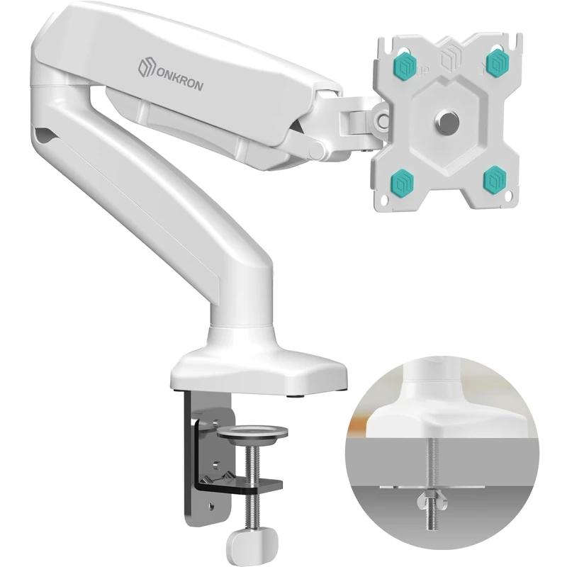 ONKRON Single Monitor Arm Desk Mount for 13-32 Inch Screen up to 8 kg, Screen Mount with Gas Spring VESA 75x75 & 100x100 - Monitor Stand for Desk Full Motion White, G80-W