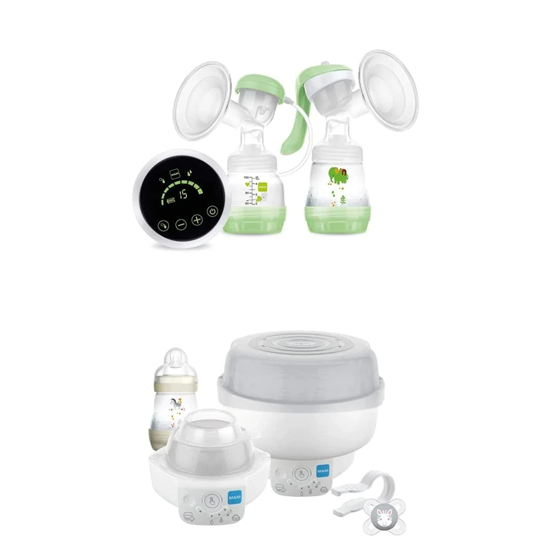 MAM 2-in-1 Single Electric Breast Pump, Flexible Use Electric and Manual Breast Milk Pump, Green & Electric Baby Bottle Steriliser & Express Bottle Warmer; with 6 Functions