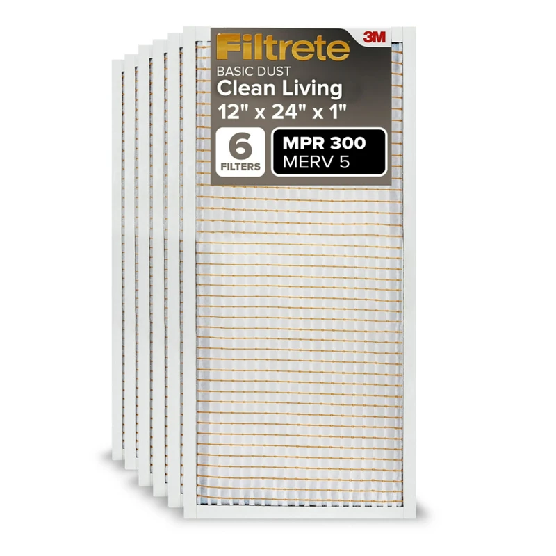Filtrete 12x24x1 Air Filter, MPR 300, MERV 5, Clean Living Basic Dust 3-Month Pleated 1-Inch Air Filters, 6 Filters