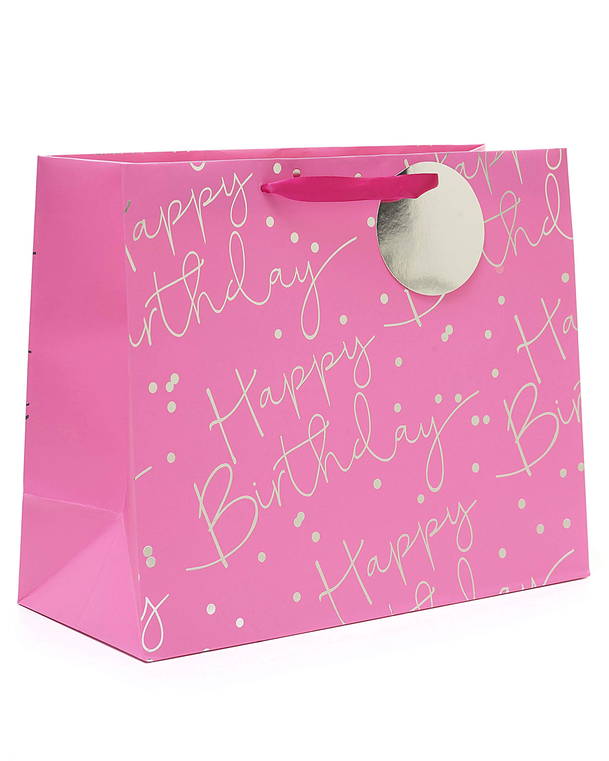 UK Greetings | Large Birthday Gift Bag for Her/Friend | Party Bags for Presents | Birthdays | Pink & Silver Design | 33 x 26.7 x 13.7 cm