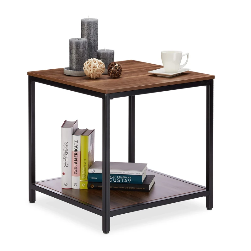 Relaxdays Glass Side Table, 2 Wooden Tiers, Metal Frame, Robust, Square, Flat Coffee Table 51 cm Tall, Black-Natural