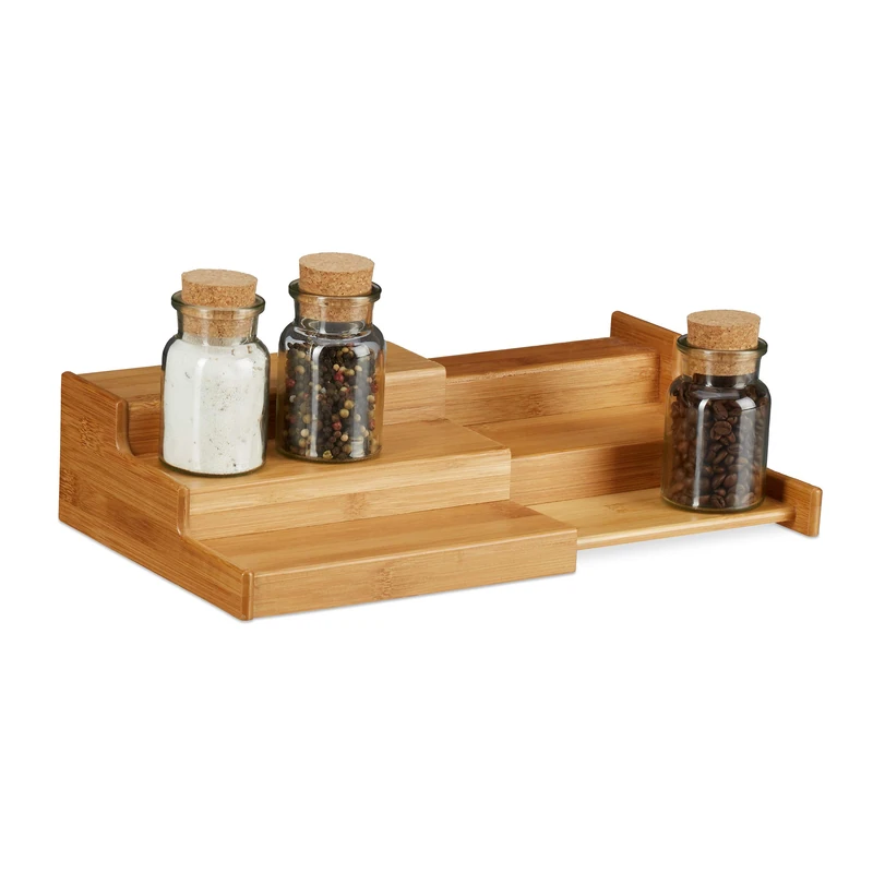 Relaxdays Bamboo Spice Rack, 3-Tier, Extendable, Natural Look, Moisture-Resistant, HWD: 8x38.5x21cm, Natural