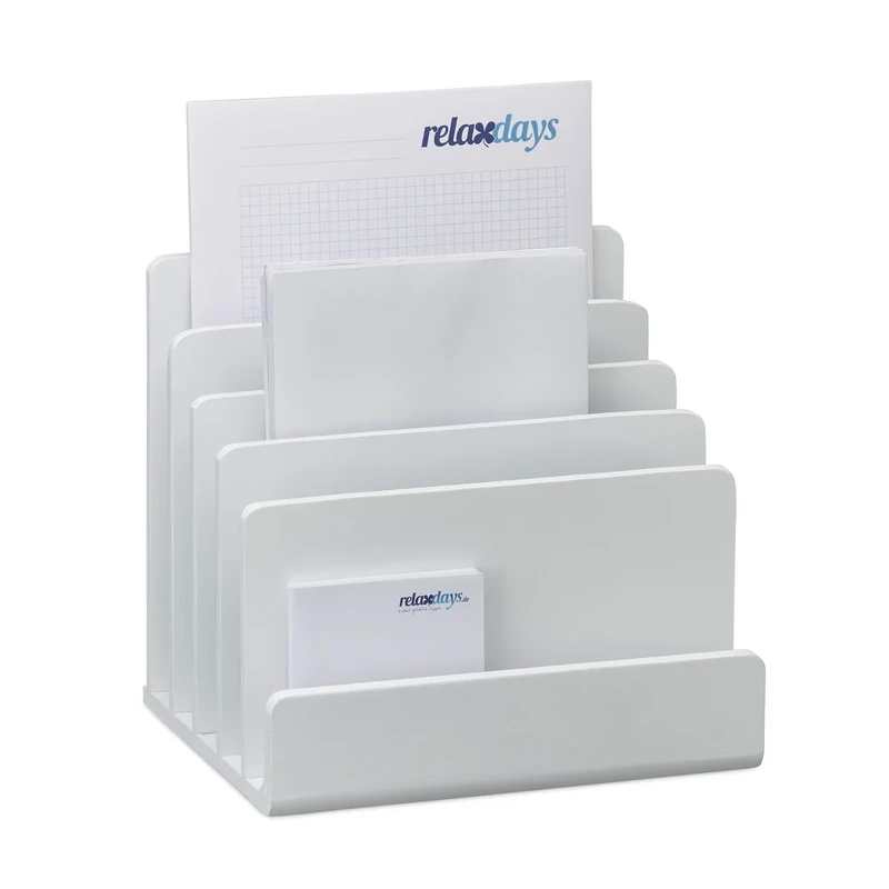 Relaxdays Bamboo Document Holder, Letter Rack, 5 Compartments, Desk Organiser HWD 23x24.5x20.5 cm, White