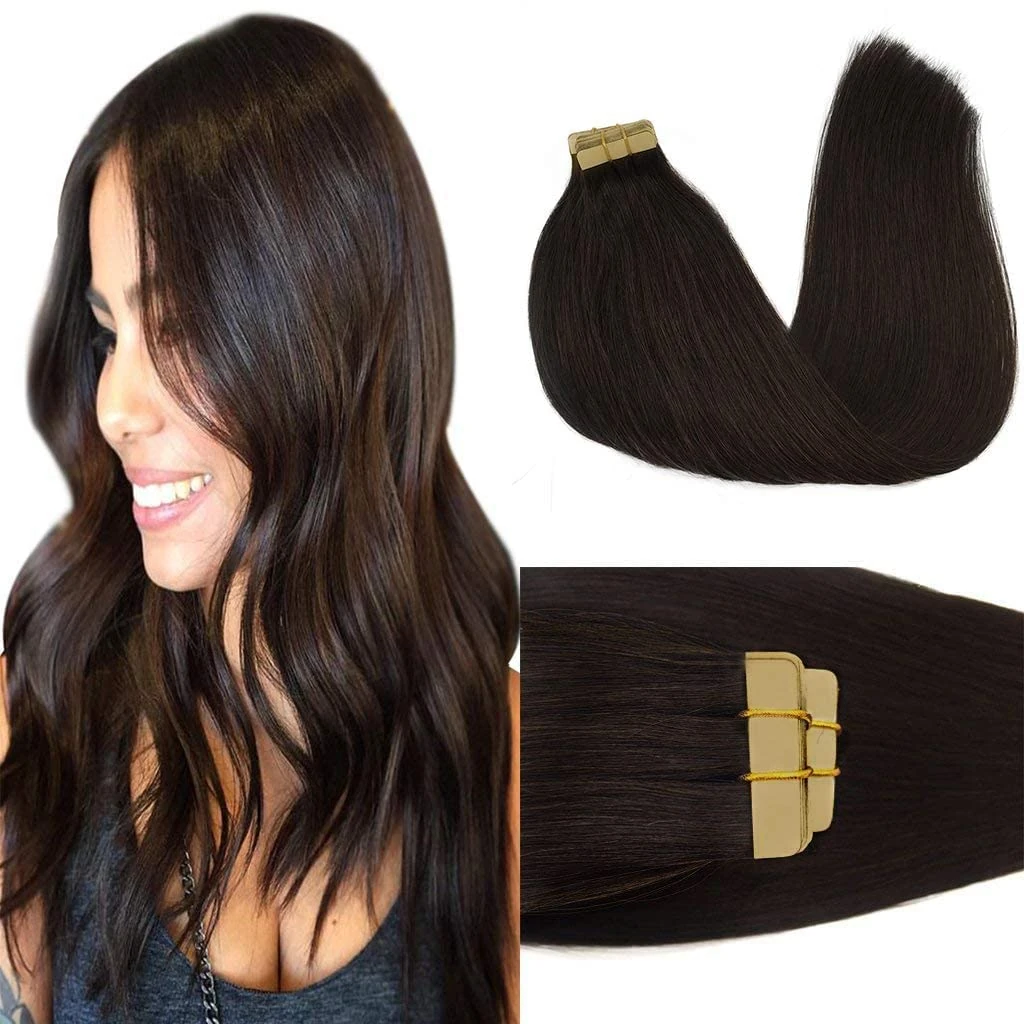 GOO GOO Tape in Hair Extensions Human Hair, 20pcs 50g 22inch,Dark Brown Straight Remy Tape in Hair Extensions