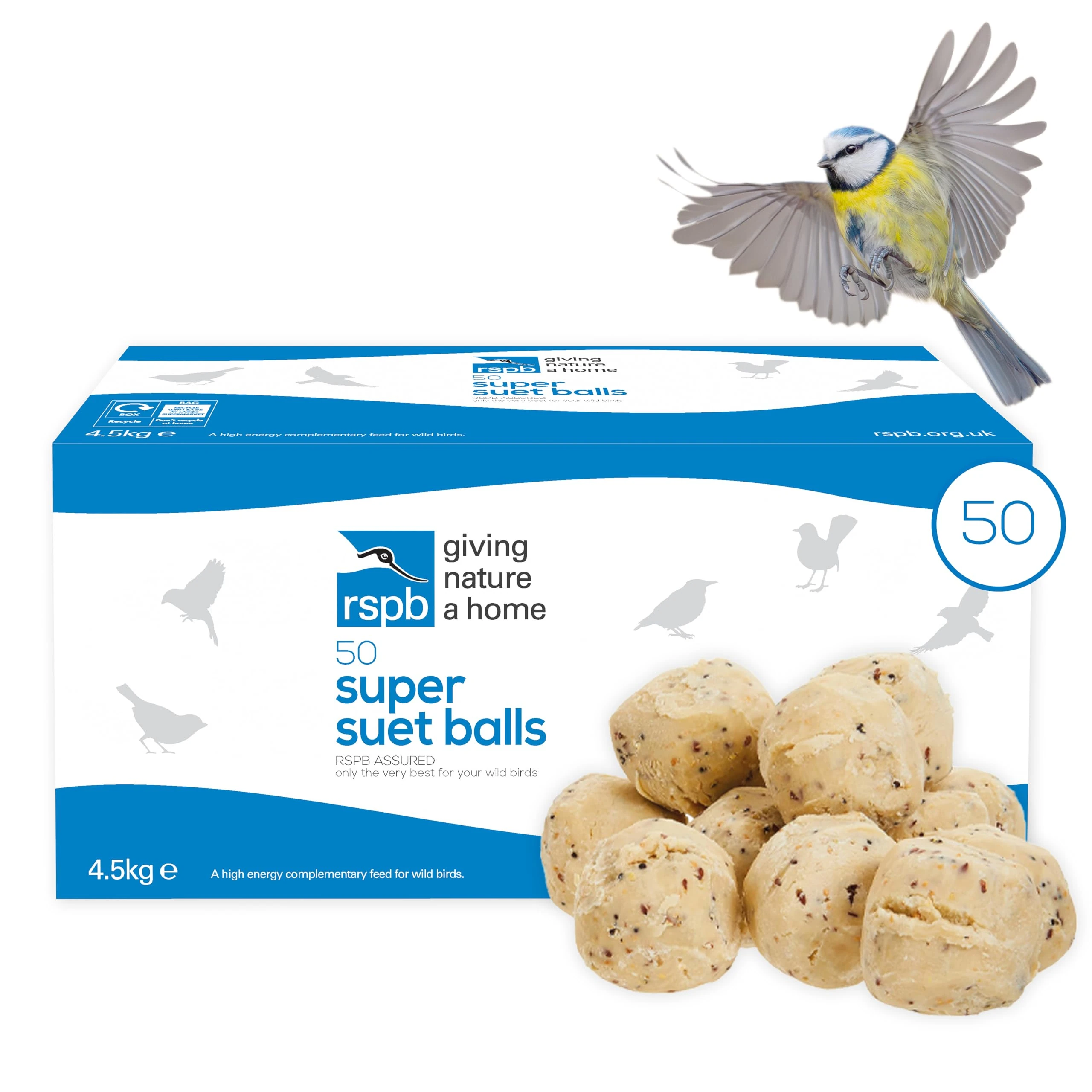 RSPB - Fat Balls for Wild Birds, High Energy Suet Balls, Made in the UK, Delicious and Nutritious Bird Food, Suitable for Year-Round Feeding (Box of 50)