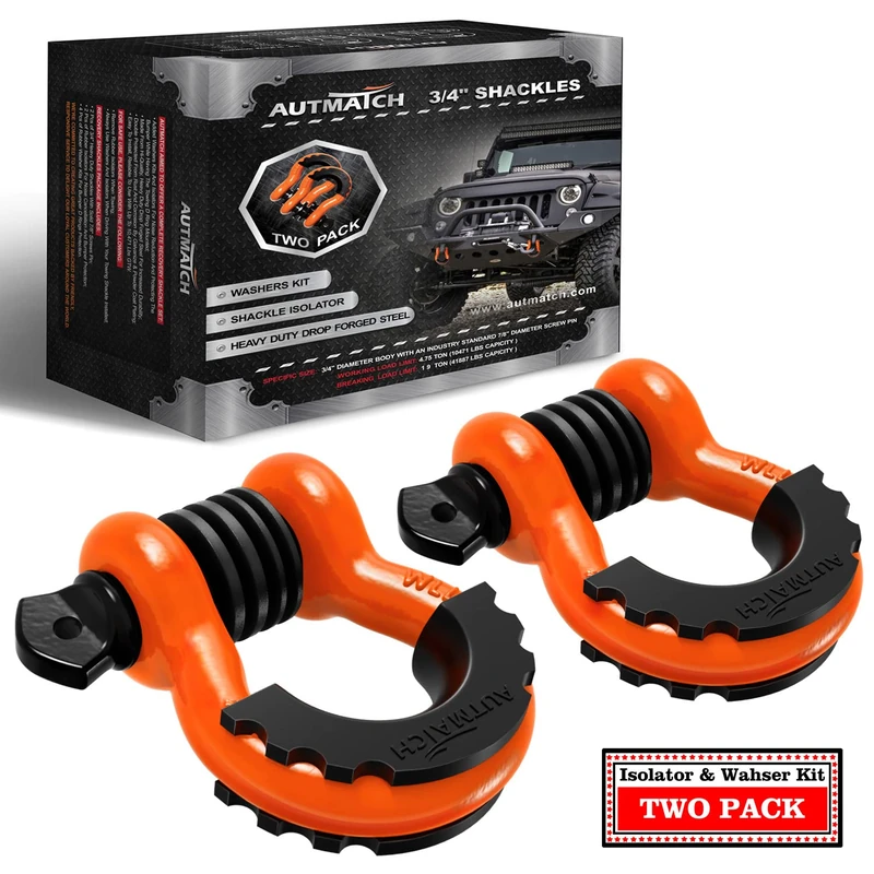 AUTMATCH D Ring Shackle 3/4" Shackles (2 Pack) 41,887Ibs Break Strength with 7/8" Screw Pin and Shackle Isolator Washers Kit for Tow Strap Winch Off Road Vehicle Recovery Orange & Black