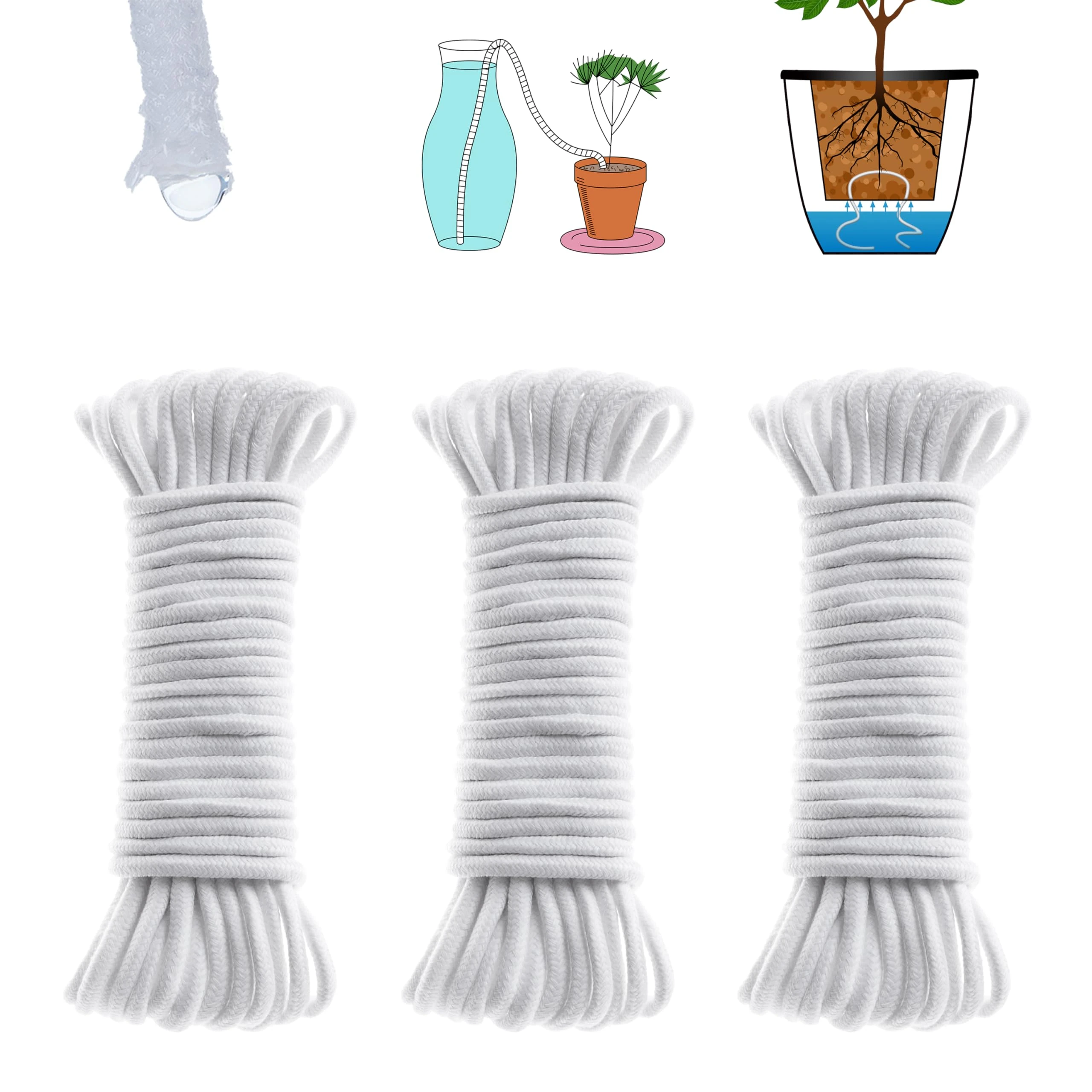 ORIMERC 150 feet 6mm Self Watering Capillary Wick Cord Vacation Plant Sitter DIY Hydroponic Wicking Self-Watering Planter Pot Automatic Water System Device Potted Violet Auto Seedling Waterer Rope