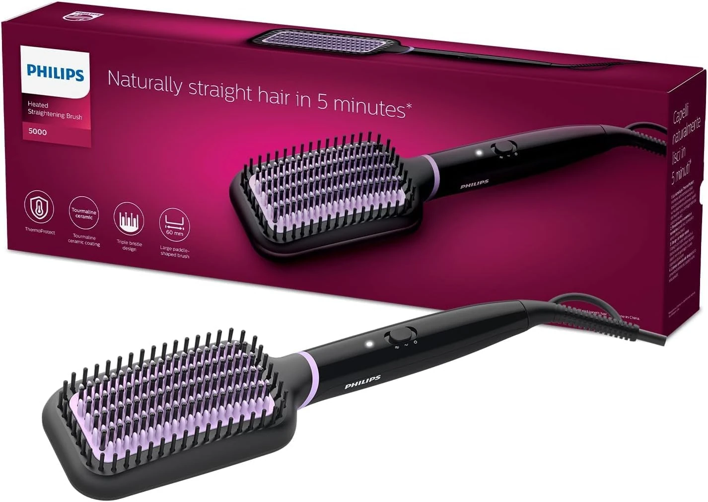 Philips StyleCare Essential straightening brush - including tourmaline ceramic coating for shiny, straight hair (model BHH880/00)/cable length 1.8 m